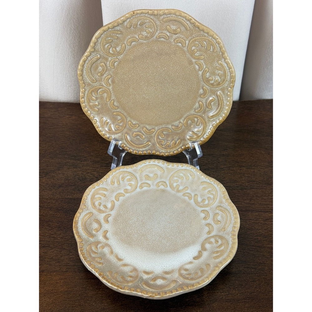 California‎ Pantry Ceramics Beige Tan Embossed Scroll 6" Bread Plates PAIR (2)
